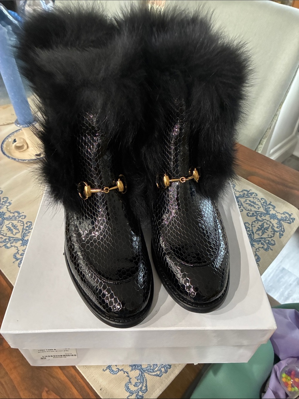 Black Faux-Fur Trim Patent Ankle Booties with Gold Bit Detail